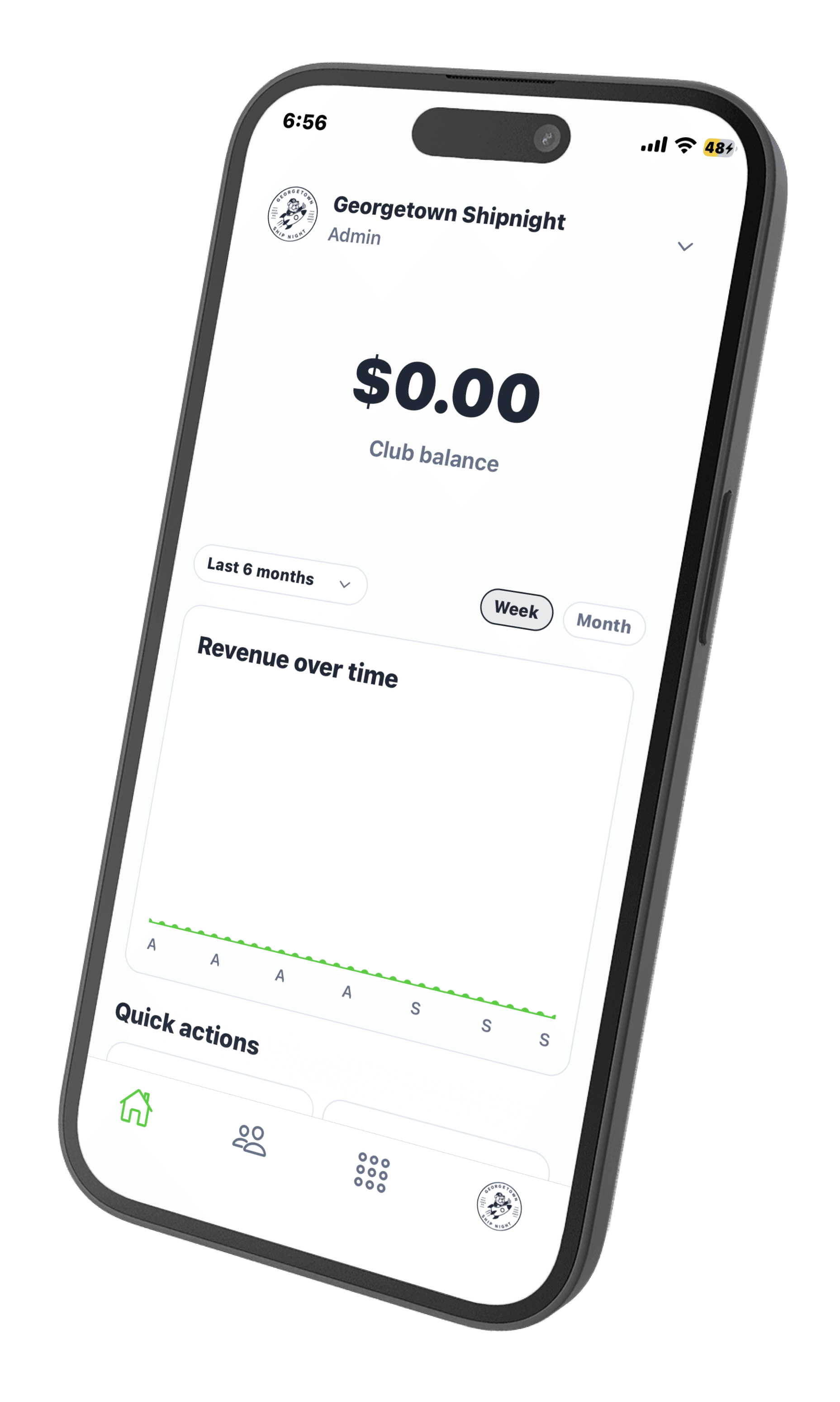 Rowhouse mobile dashboard showing the Georgetown Shipnight club balance and revenue tools